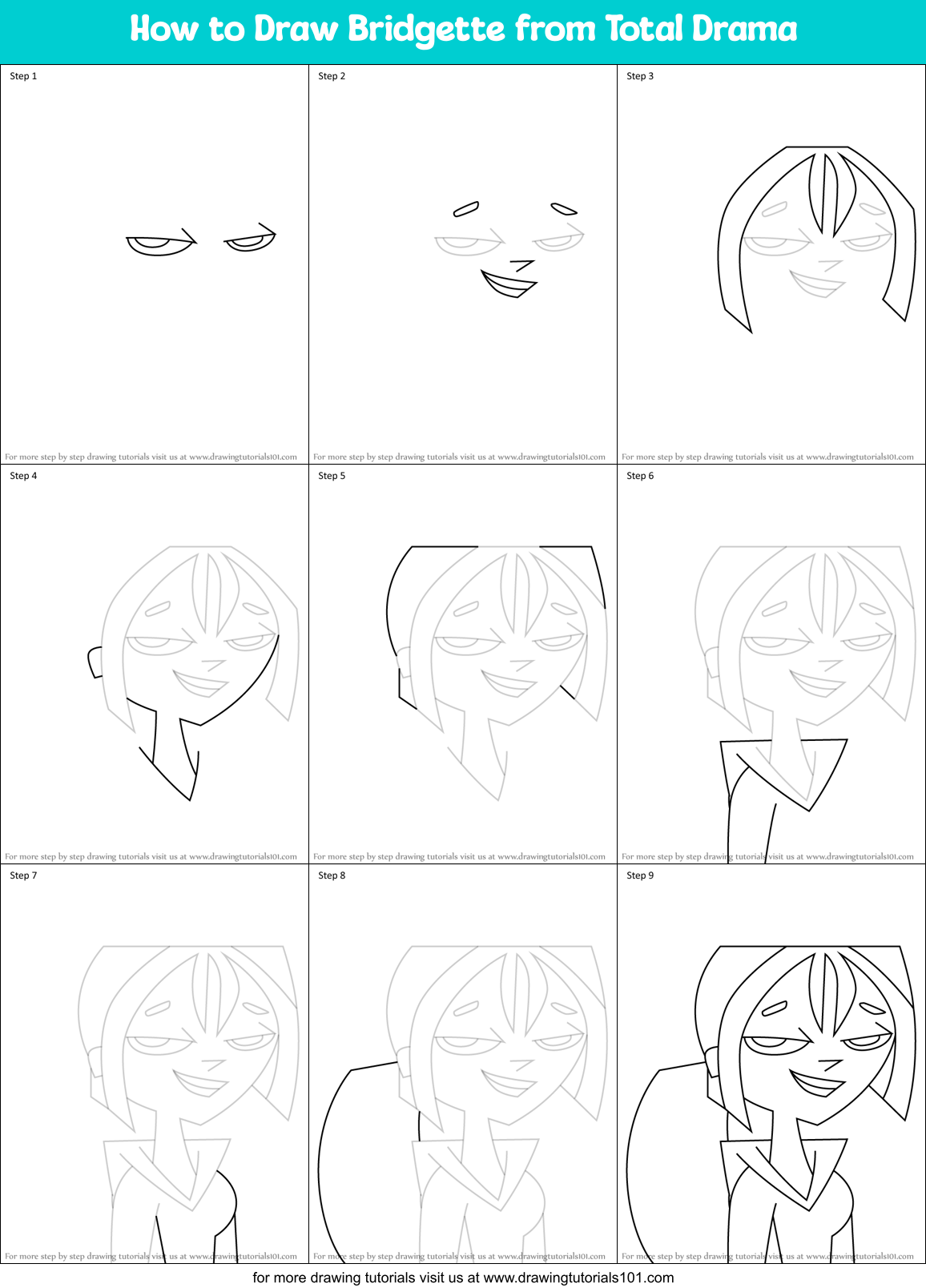How to Draw Bridgette from Total Drama Printable Step by Step