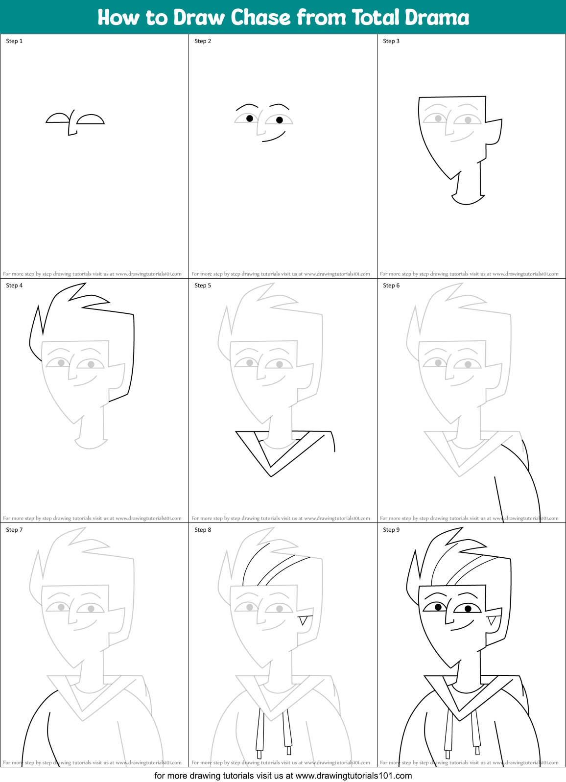 How to Draw Chase from Total Drama Printable Step by Step