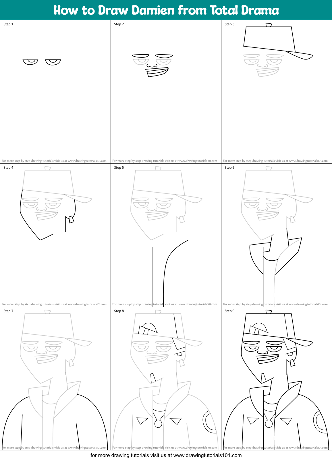 How to Draw Damien from Total Drama Printable Step by Step