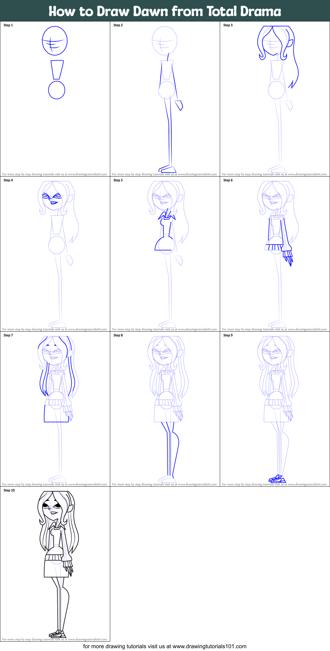 How to Draw Dawn from Total Drama Printable Step by Step