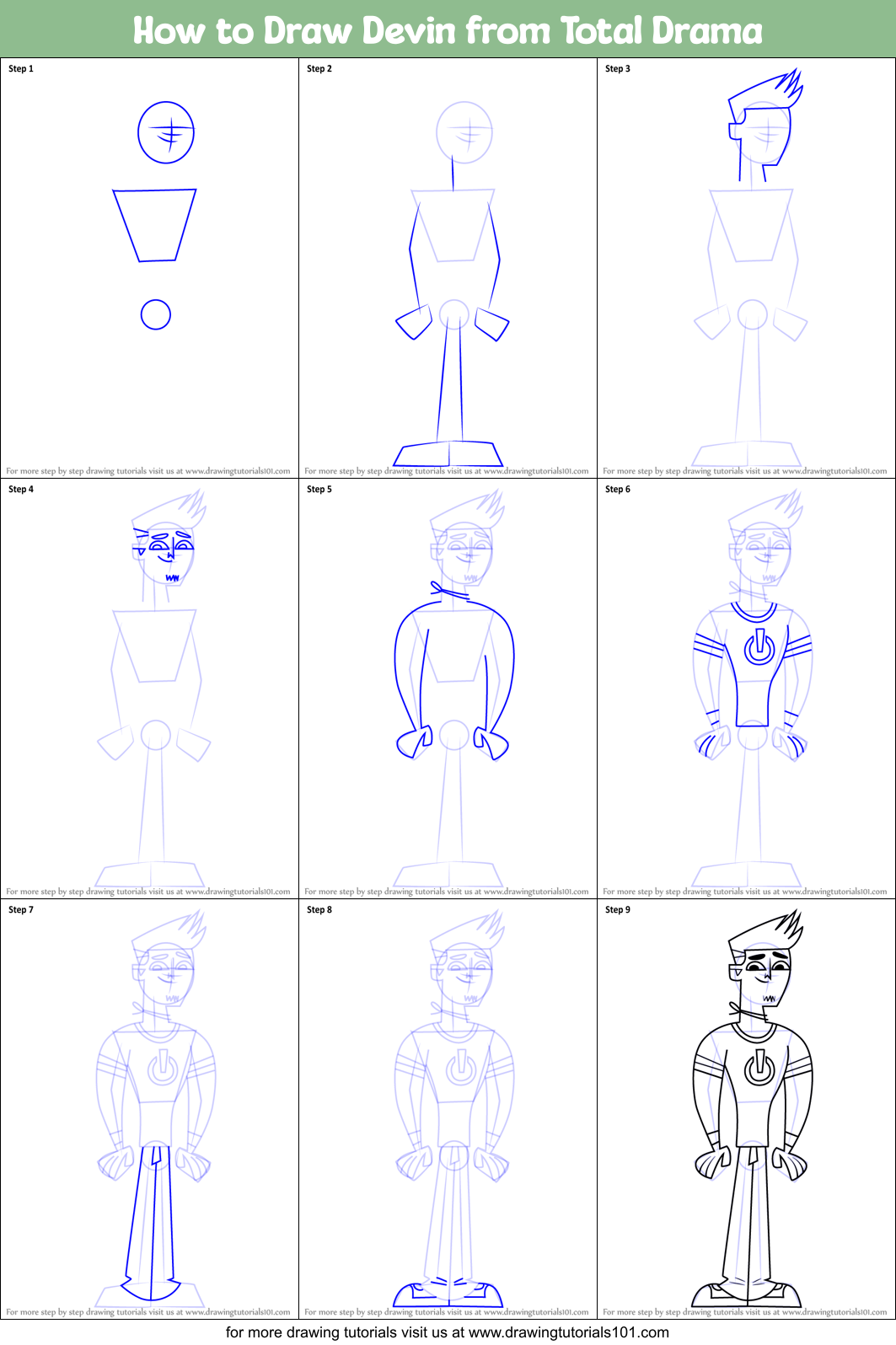 How to Draw Devin from Total Drama Printable Step by Step