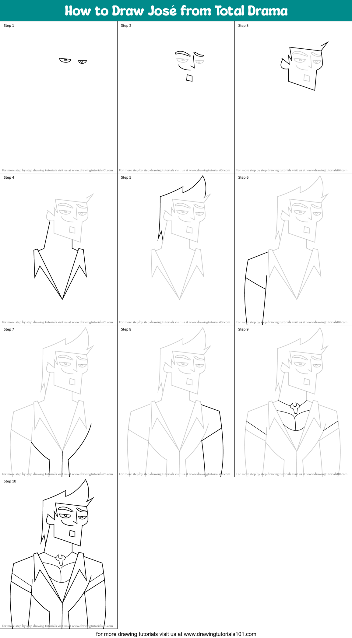How to Draw José from Total Drama Printable Step by Step