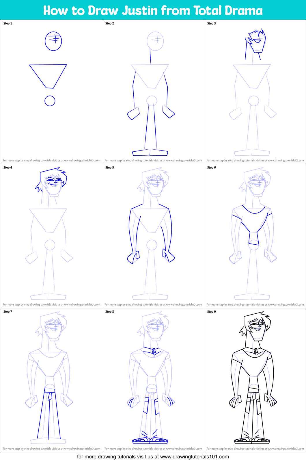 How to Draw Justin from Total Drama Printable Step by Step