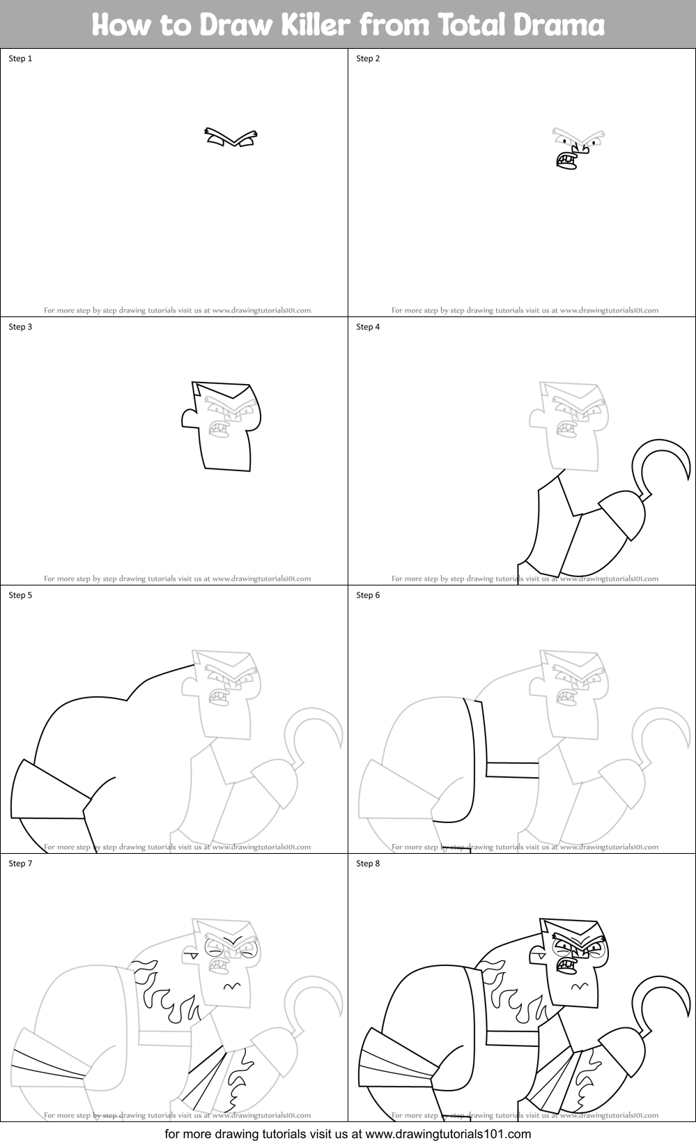 How to Draw Killer from Total Drama Printable Step by Step
