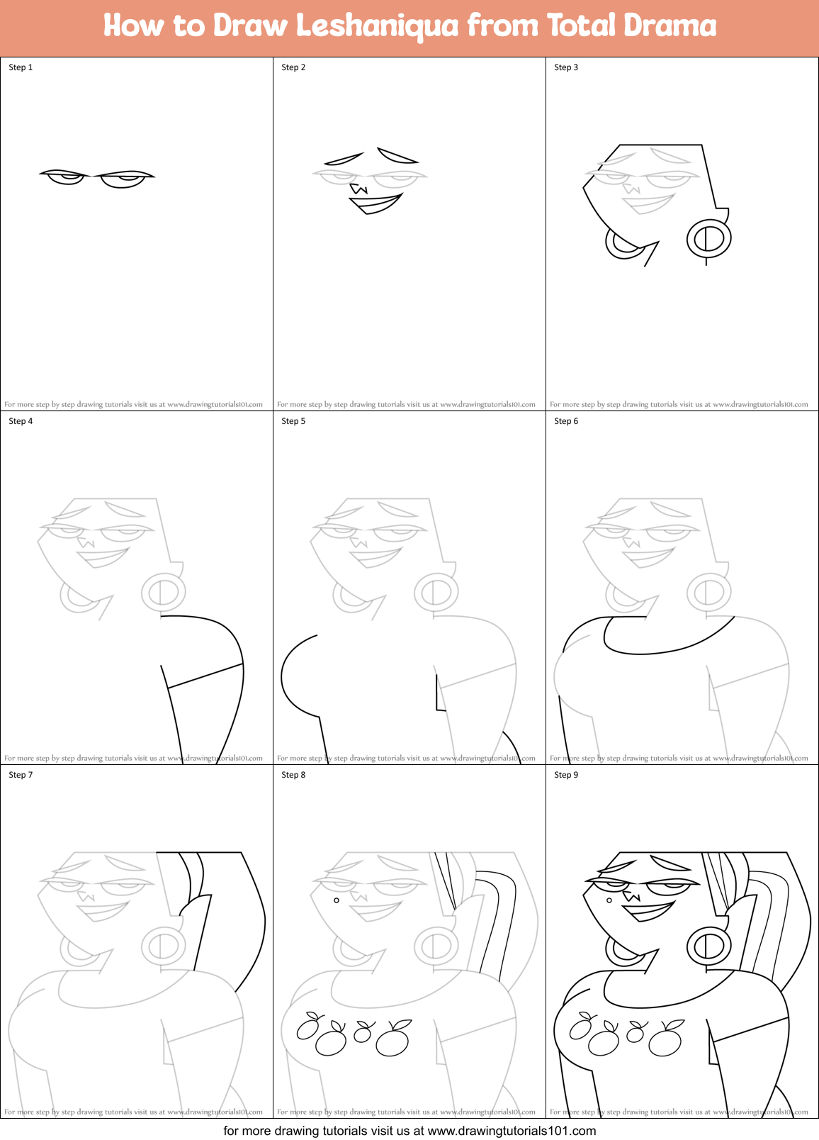 How to Draw Leshaniqua from Total Drama Printable Step by Step
