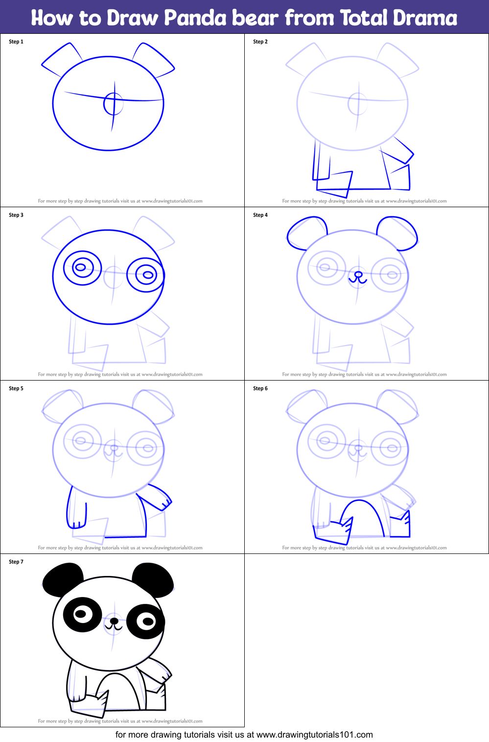 How to Draw Panda bear from Total Drama Printable Step by Step