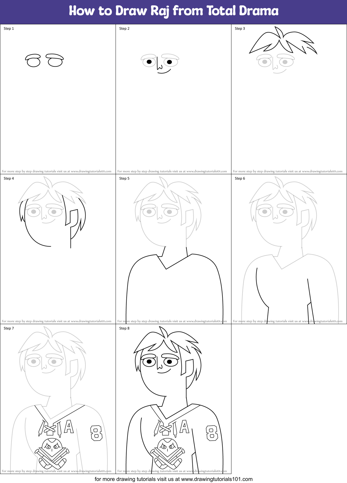 How to Draw Raj from Total Drama Printable Step by Step