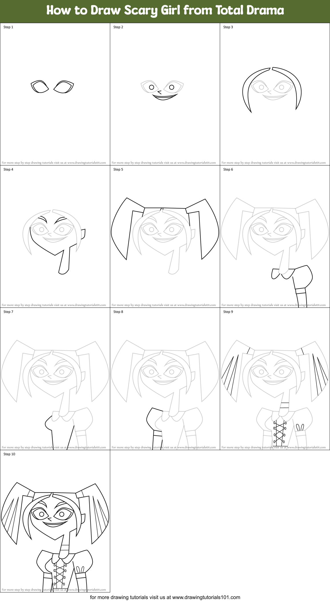 How to Draw Scary Girl from Total Drama Printable Step by Step