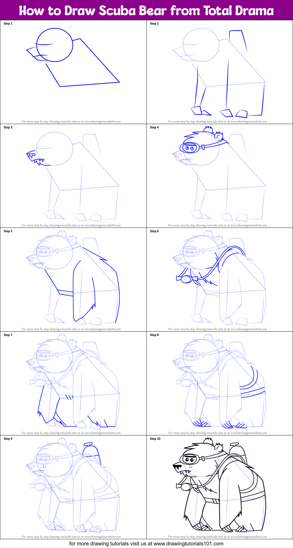 How to Draw Scuba Bear from Total Drama Printable Step by Step