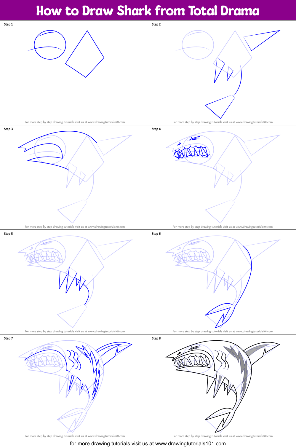 How to Draw Shark from Total Drama Printable Step by Step