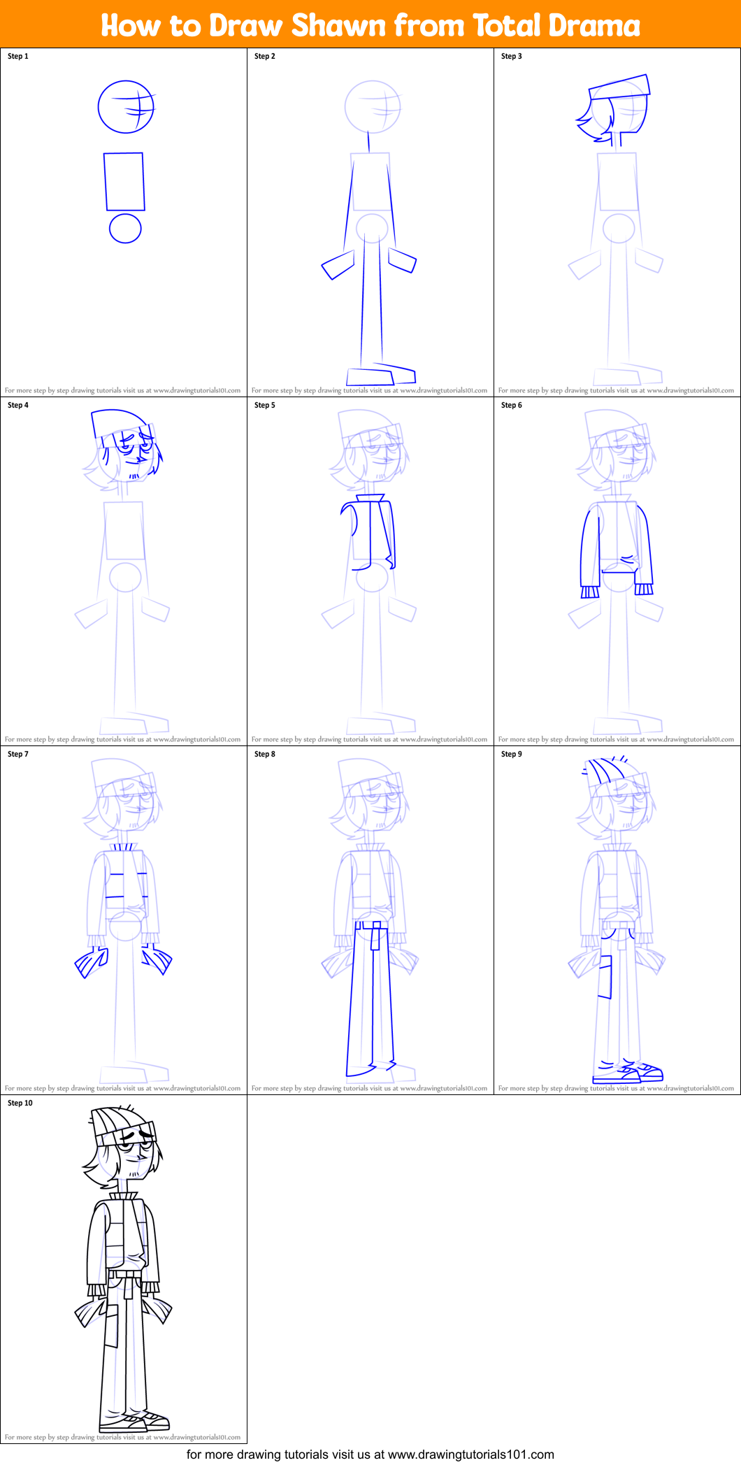How to Draw Shawn from Total Drama Printable Step by Step