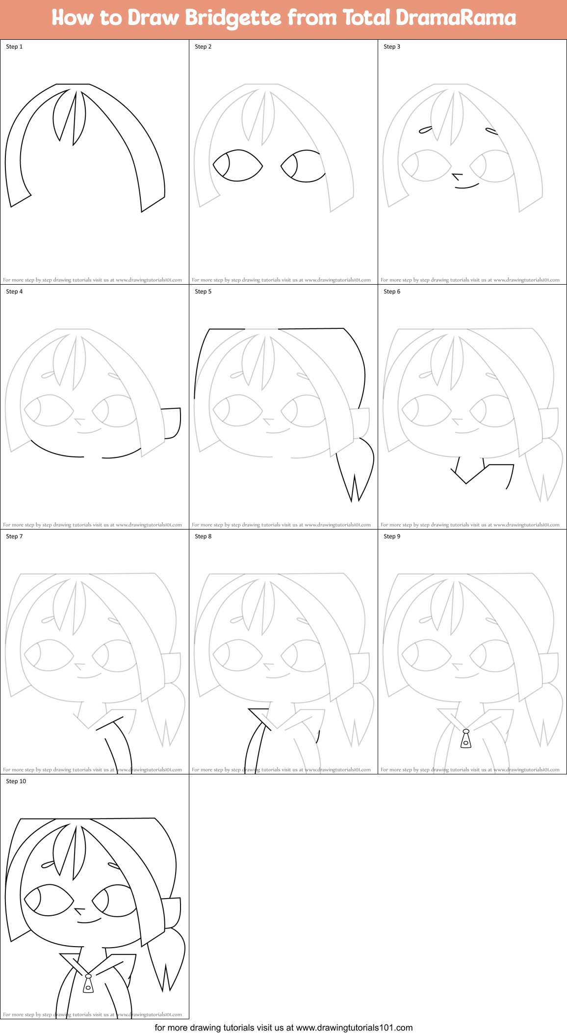 How to Draw Bridgette from Total DramaRama Printable Step by Step
