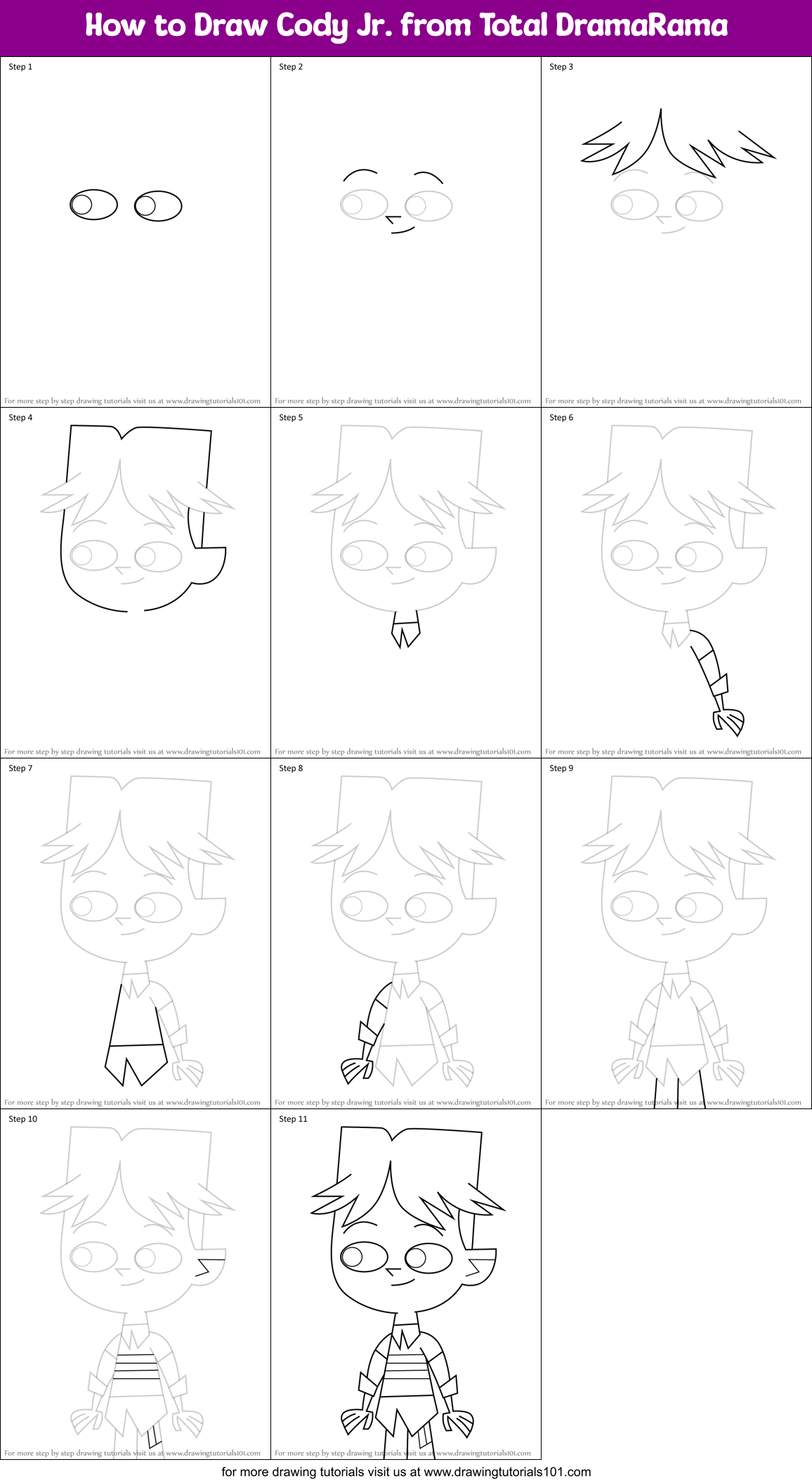 How to Draw Cody Jr. from Total DramaRama Printable Step by Step