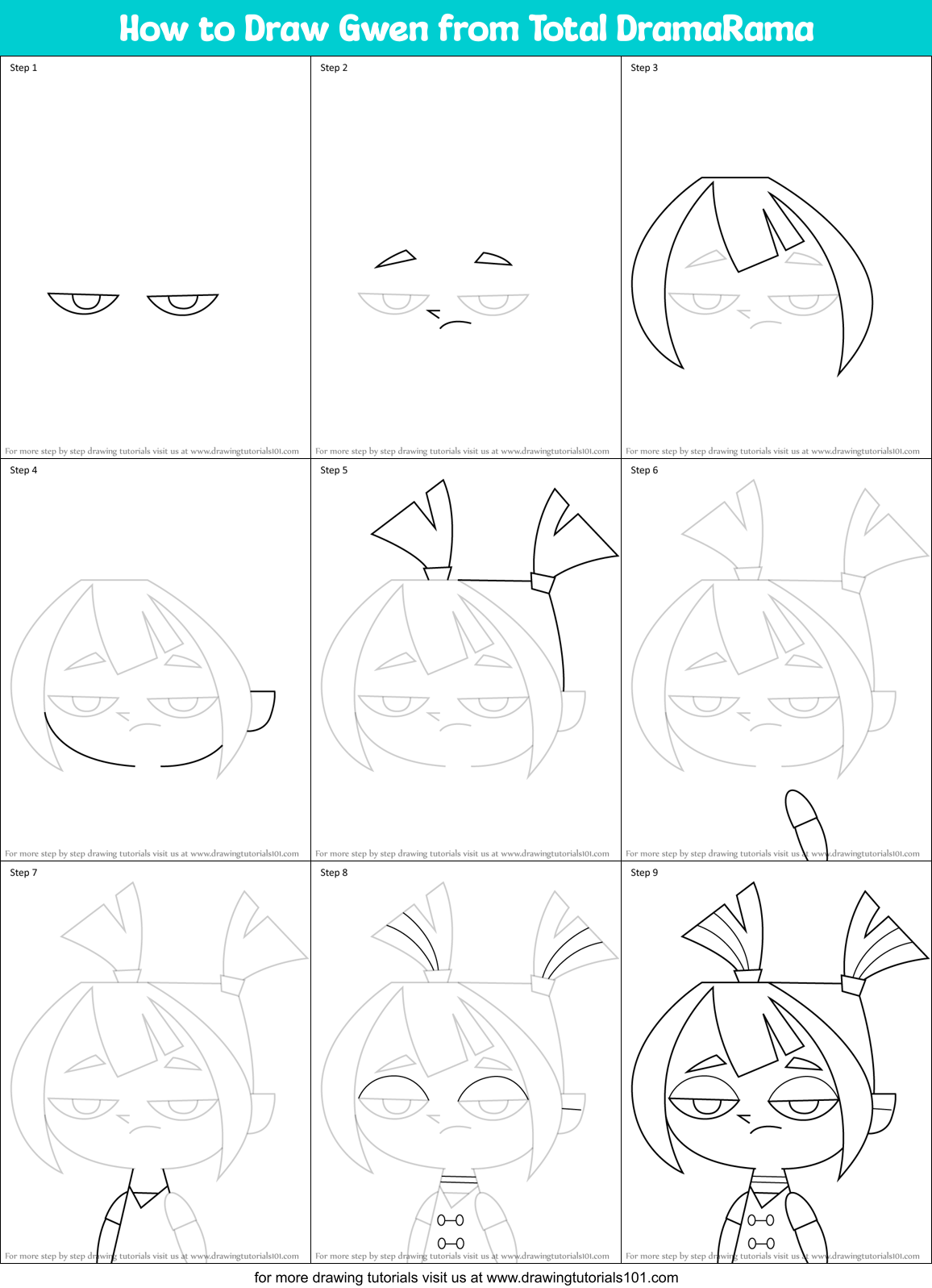How to Draw Gwen from Total DramaRama Printable Step by Step