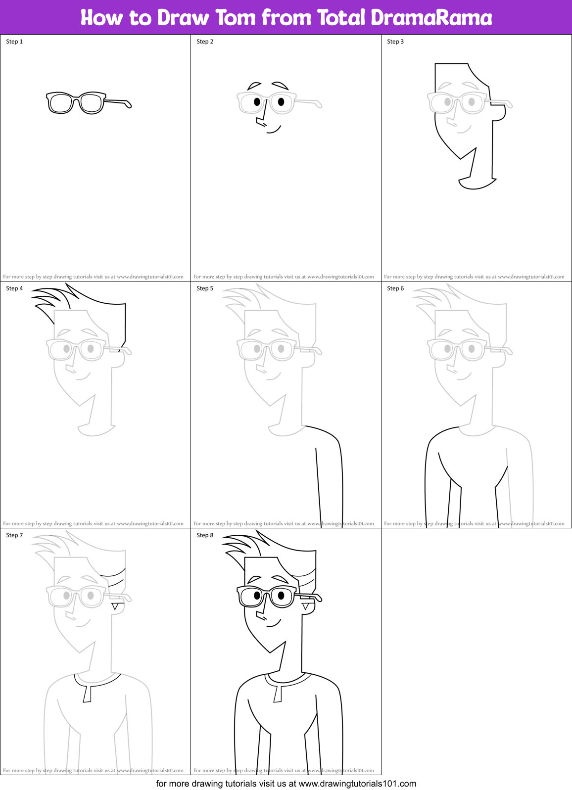 How to Draw Tom from Total DramaRama Printable Step by Step
