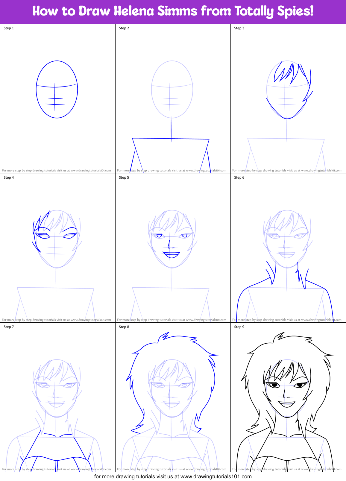 How to Draw Helena Simms from Totally Spies! Printable Step by Step