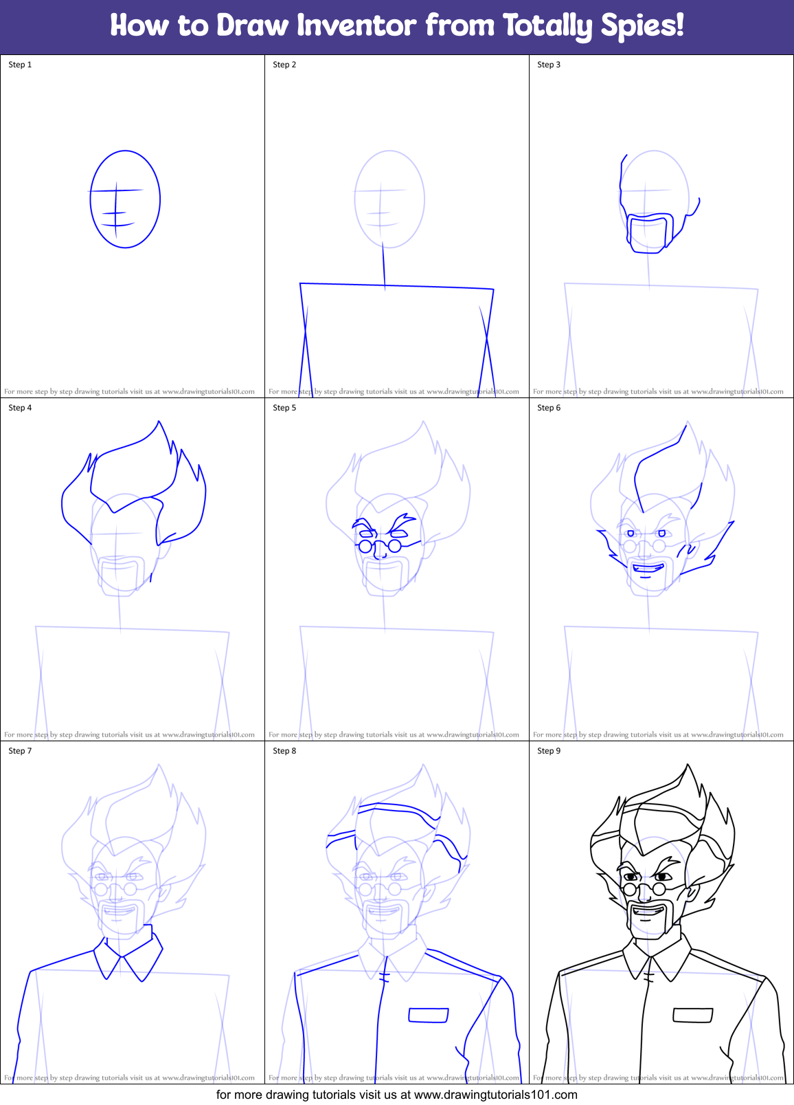How to Draw Inventor from Totally Spies! Printable Step by Step