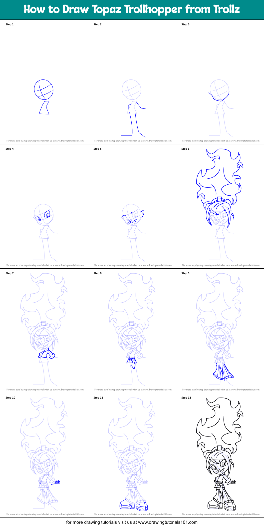 How to Draw Topaz Trollhopper from Trollz Printable Step by Step