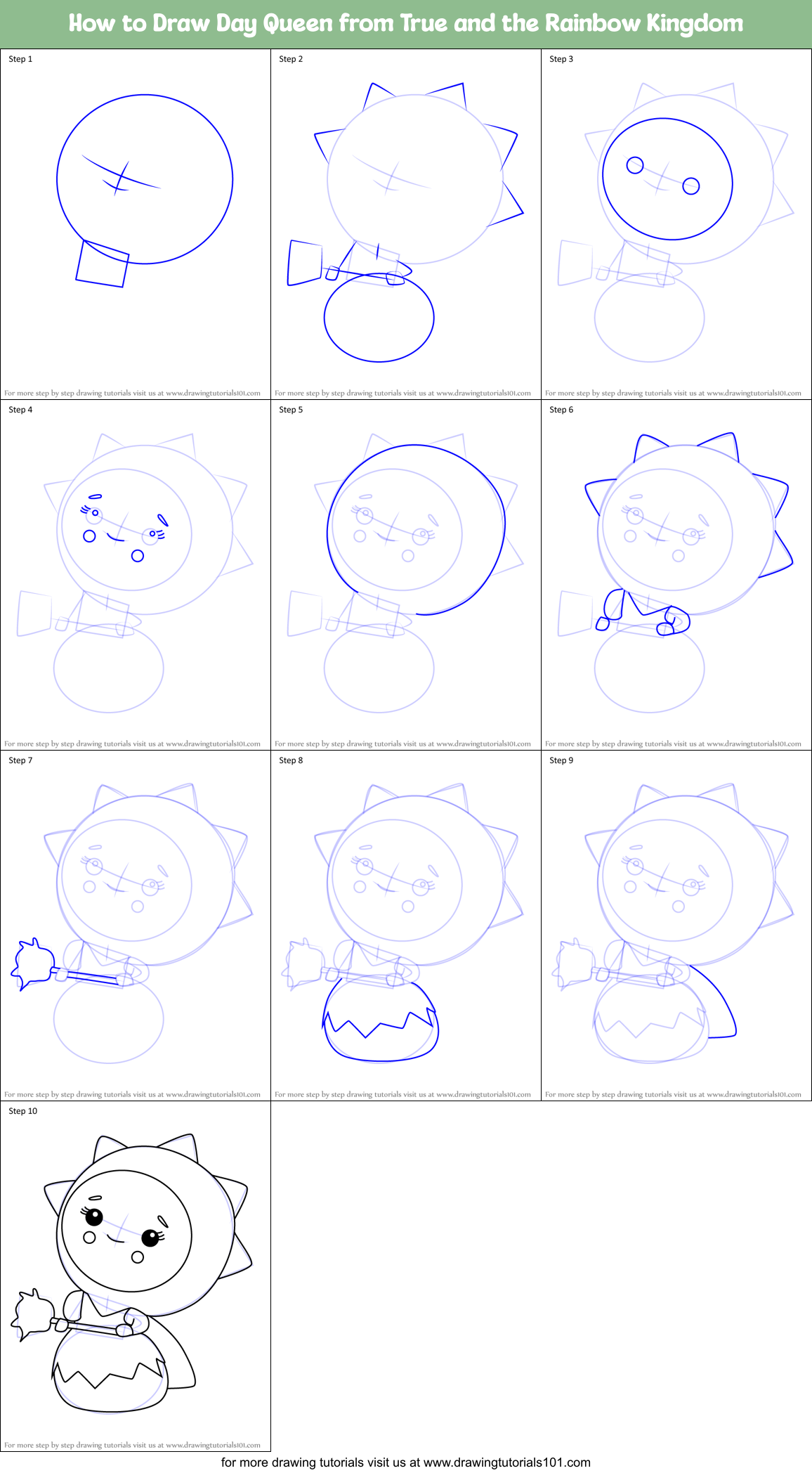 How to Draw Day Queen from True and the Rainbow Kingdom Printable Step by Step