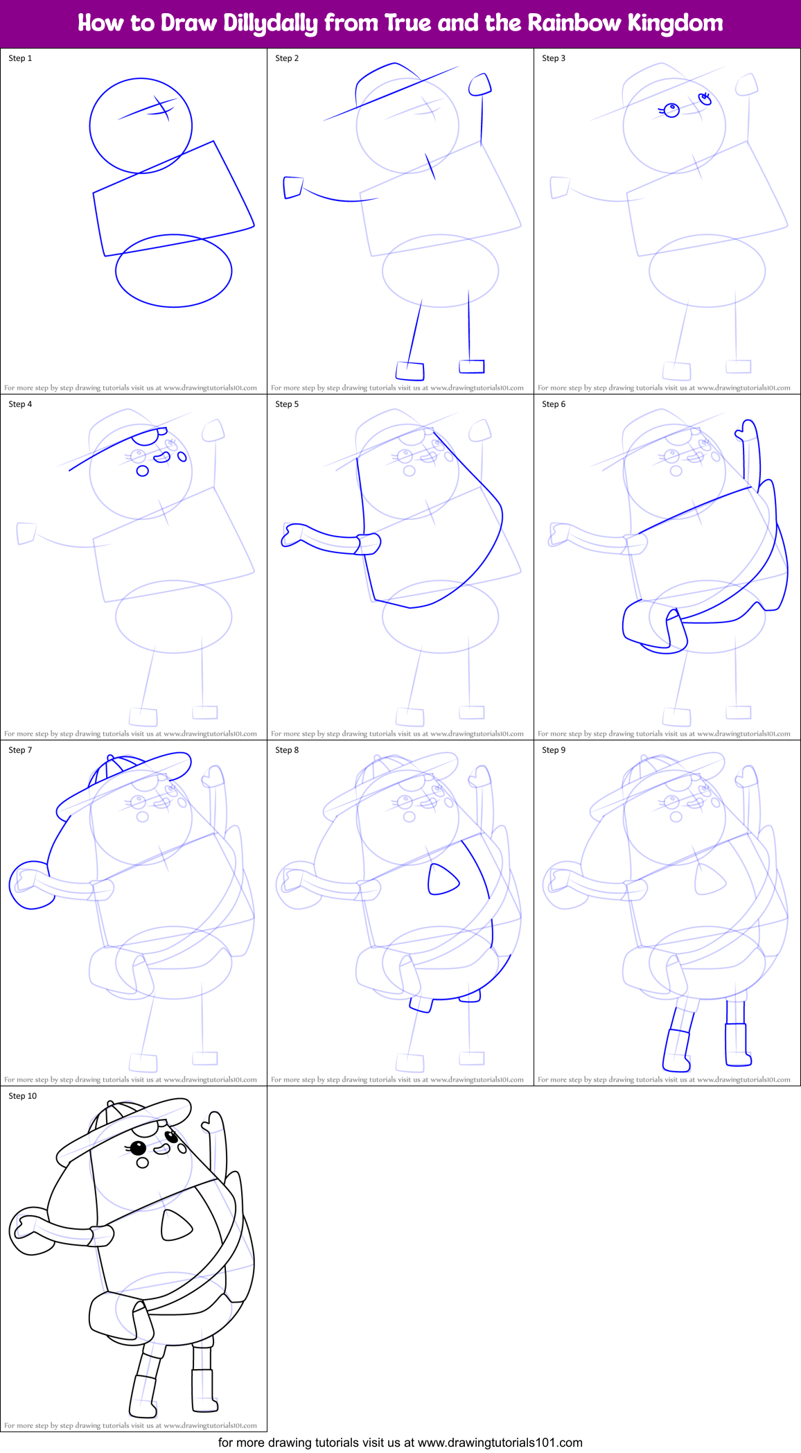 How to Draw Dillydally from True and the Rainbow Kingdom Printable Step by Step