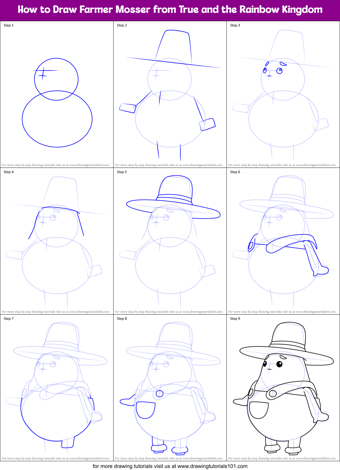How to Draw Farmer Mosser from True and the Rainbow Kingdom Printable Step by Step