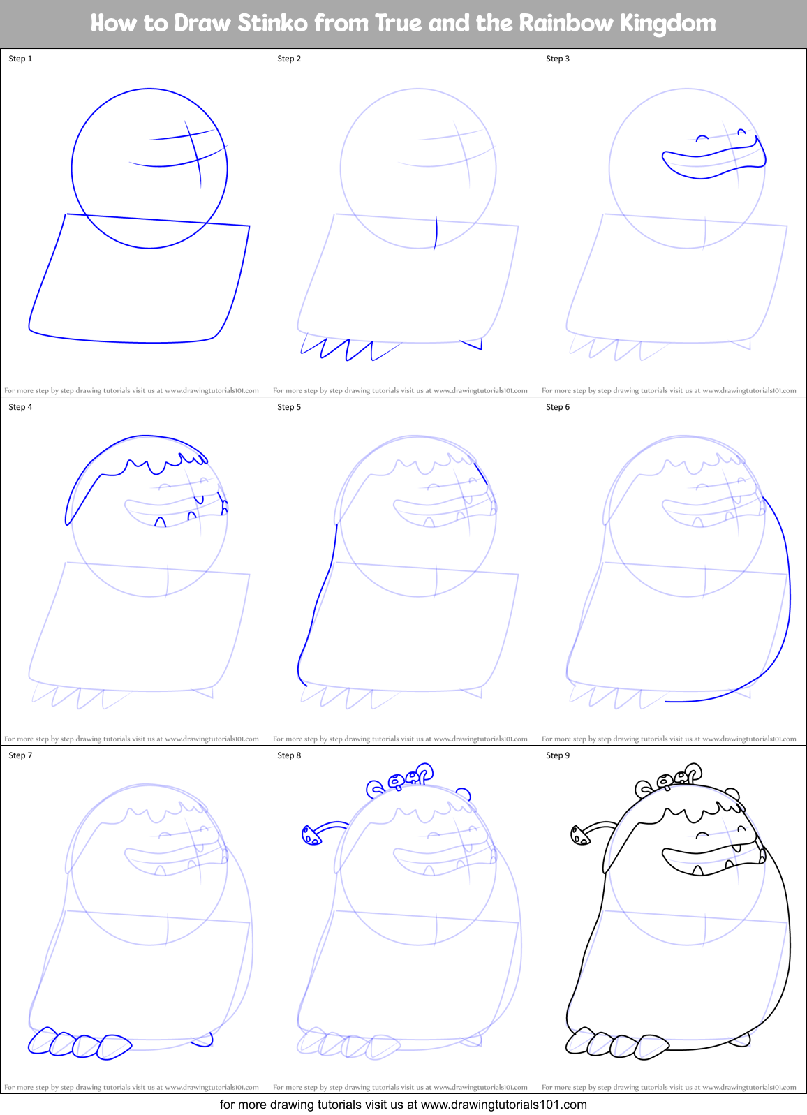 How to Draw Stinko from True and the Rainbow Kingdom Printable Step by Step