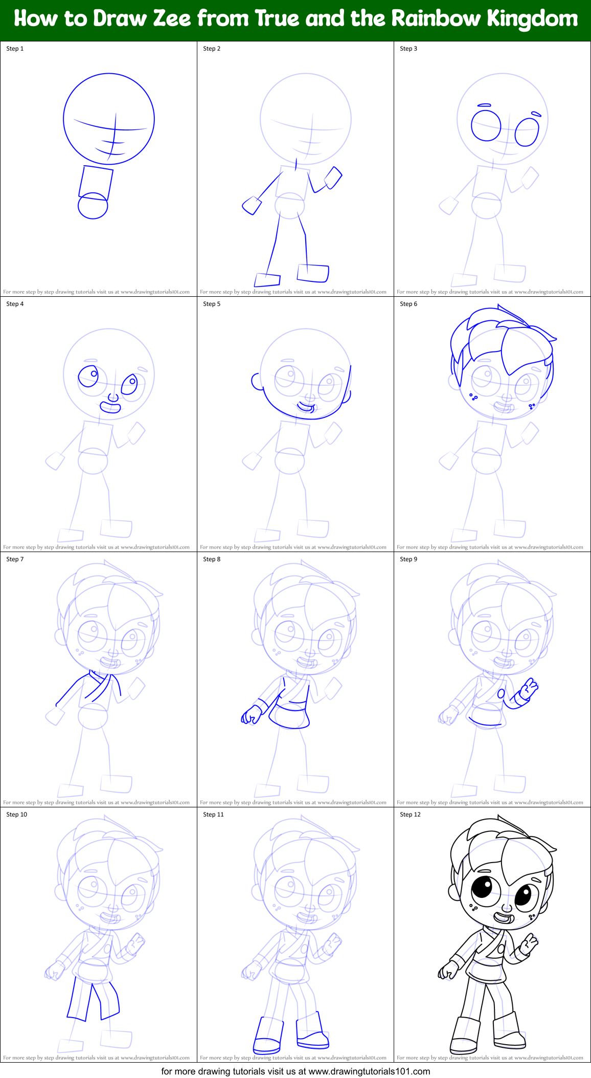 How to Draw Zee from True and the Rainbow Kingdom Printable Step by Step