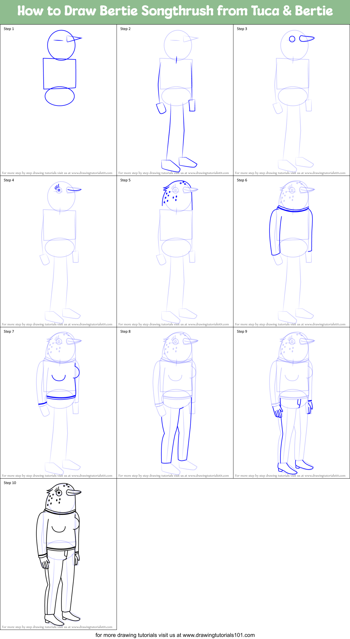 How to Draw Bertie Songthrush from Tuca & Bertie Printable Step by Step