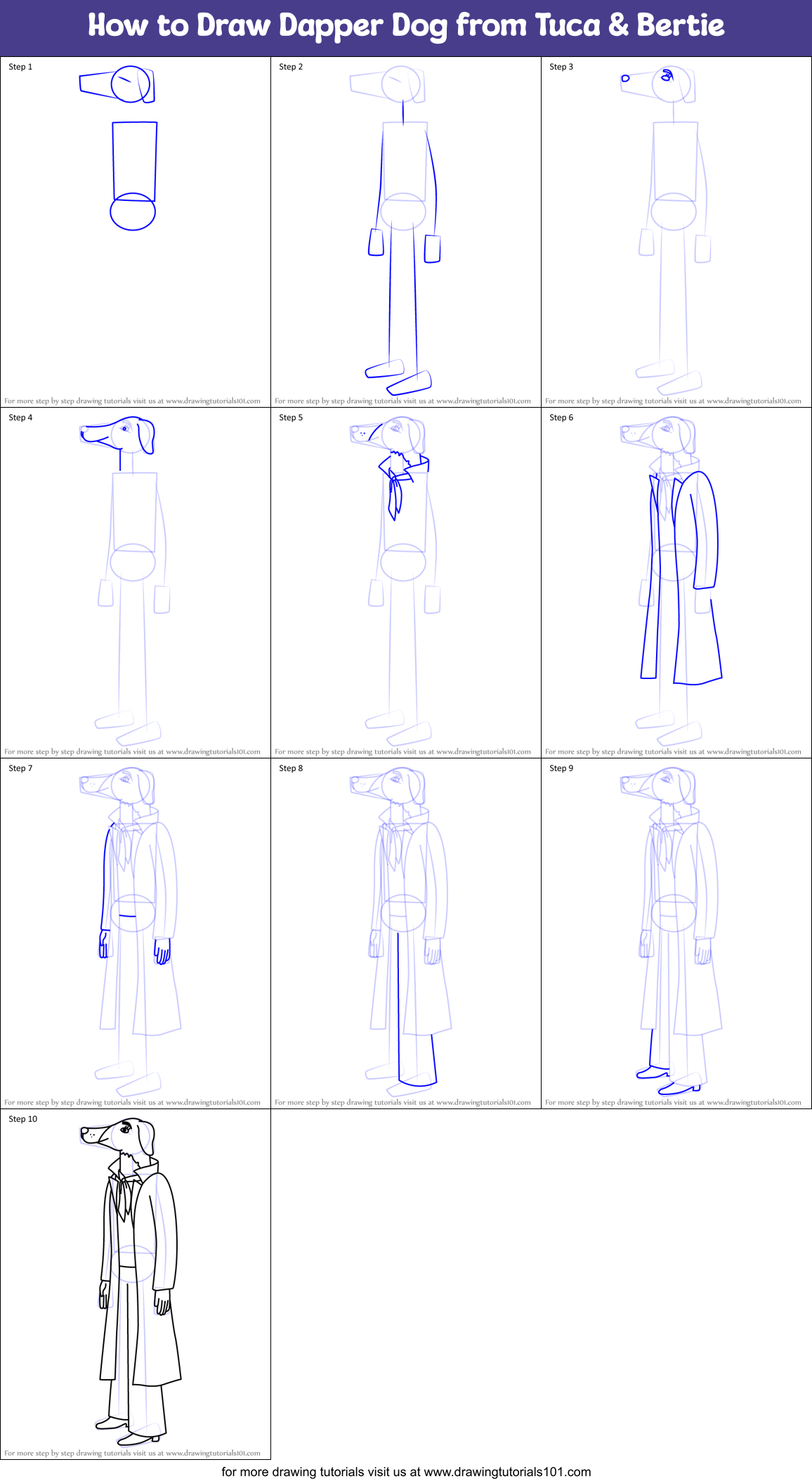How to Draw Dapper Dog from Tuca & Bertie Printable Step by Step