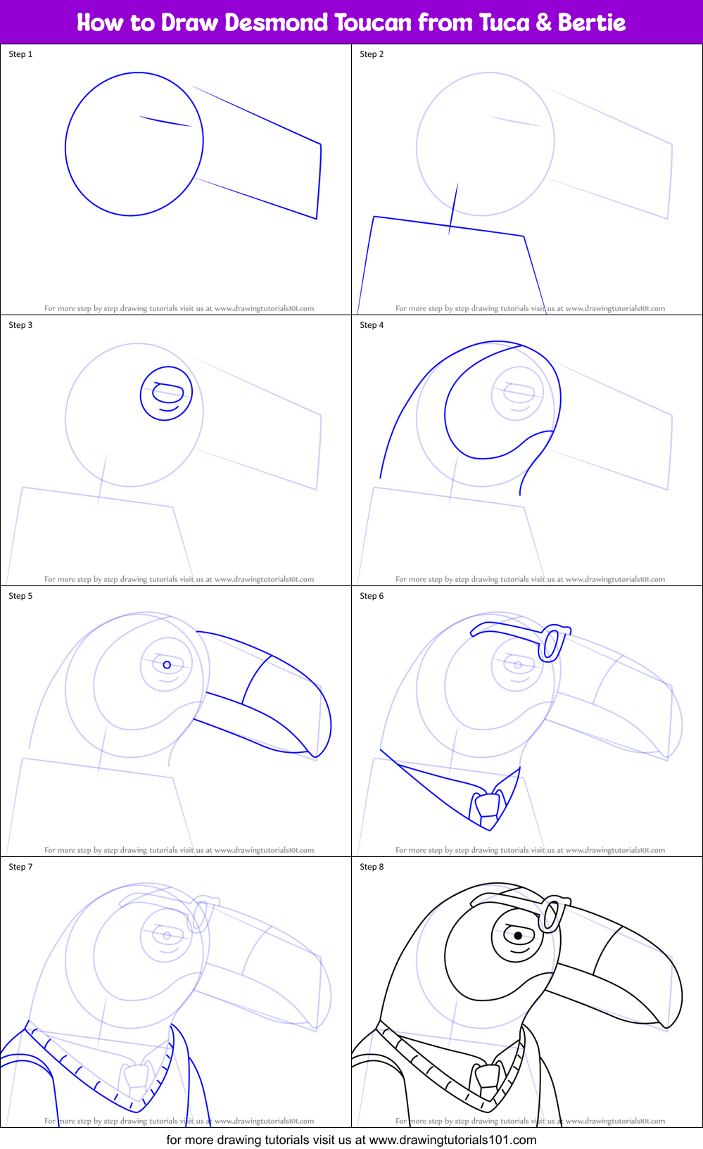 How to Draw Desmond Toucan from Tuca & Bertie Printable Step by Step