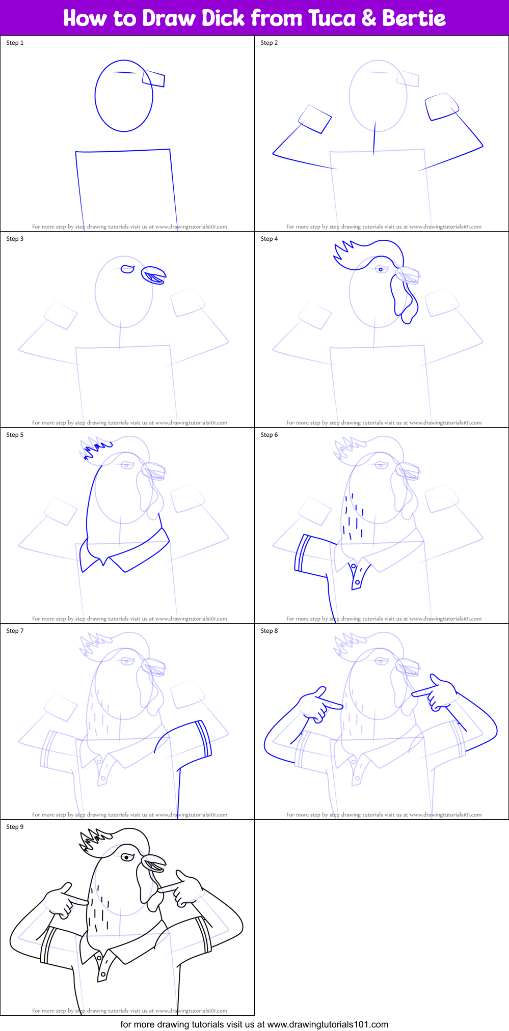 How to Draw Dick from Tuca & Bertie Printable Step by Step