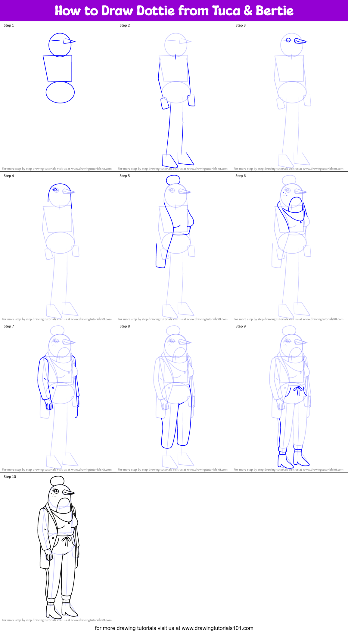 How to Draw Dottie from Tuca & Bertie Printable Step by Step