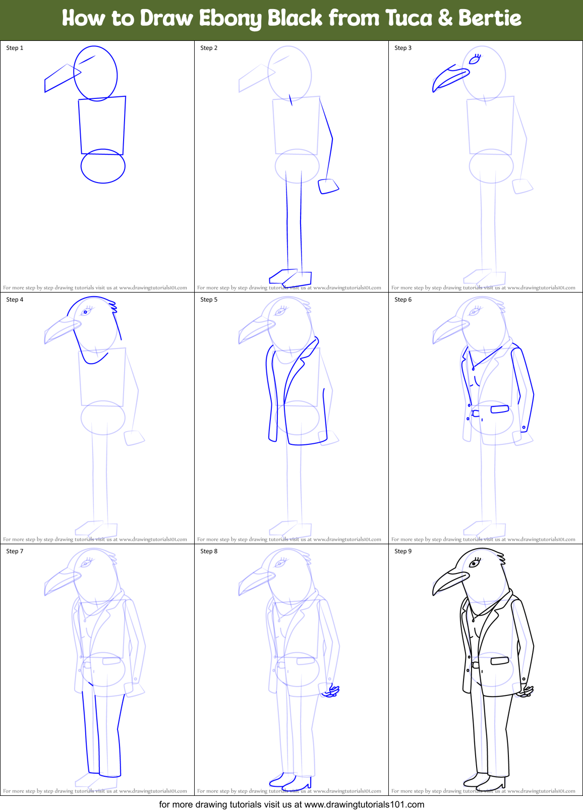 How to Draw Ebony Black from Tuca & Bertie Printable Step by Step