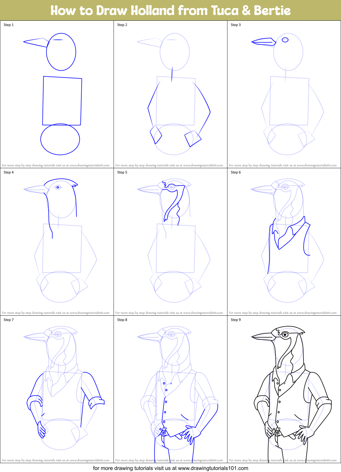 How to Draw Holland from Tuca & Bertie Printable Step by Step