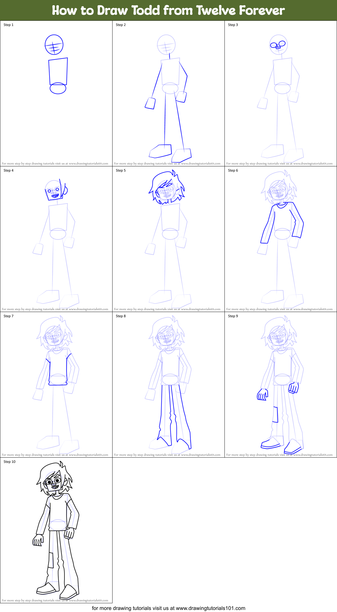 How to Draw Todd from Twelve Forever Printable Step by Step