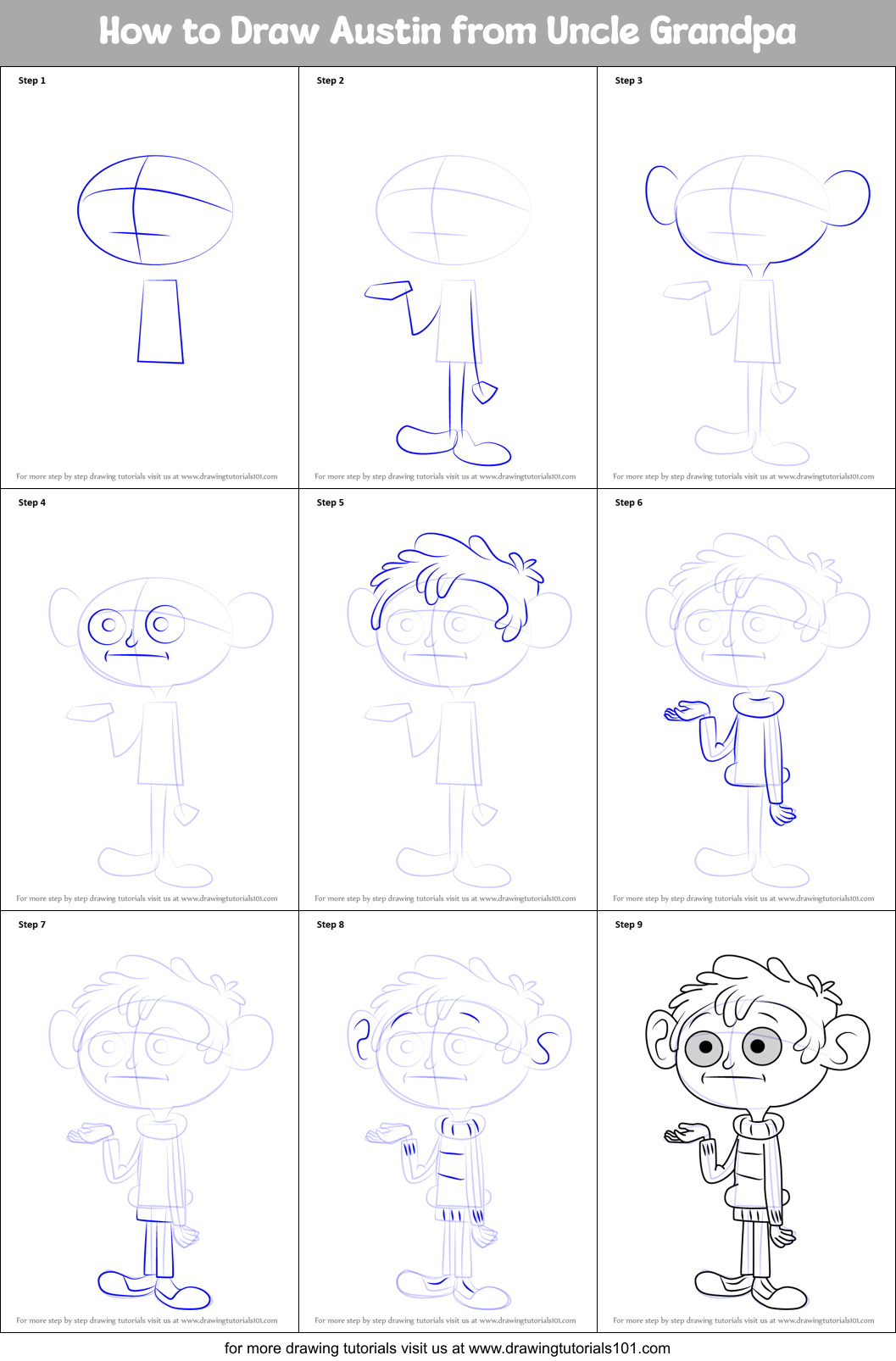 How to Draw Austin from Uncle Grandpa Printable Step by Step
