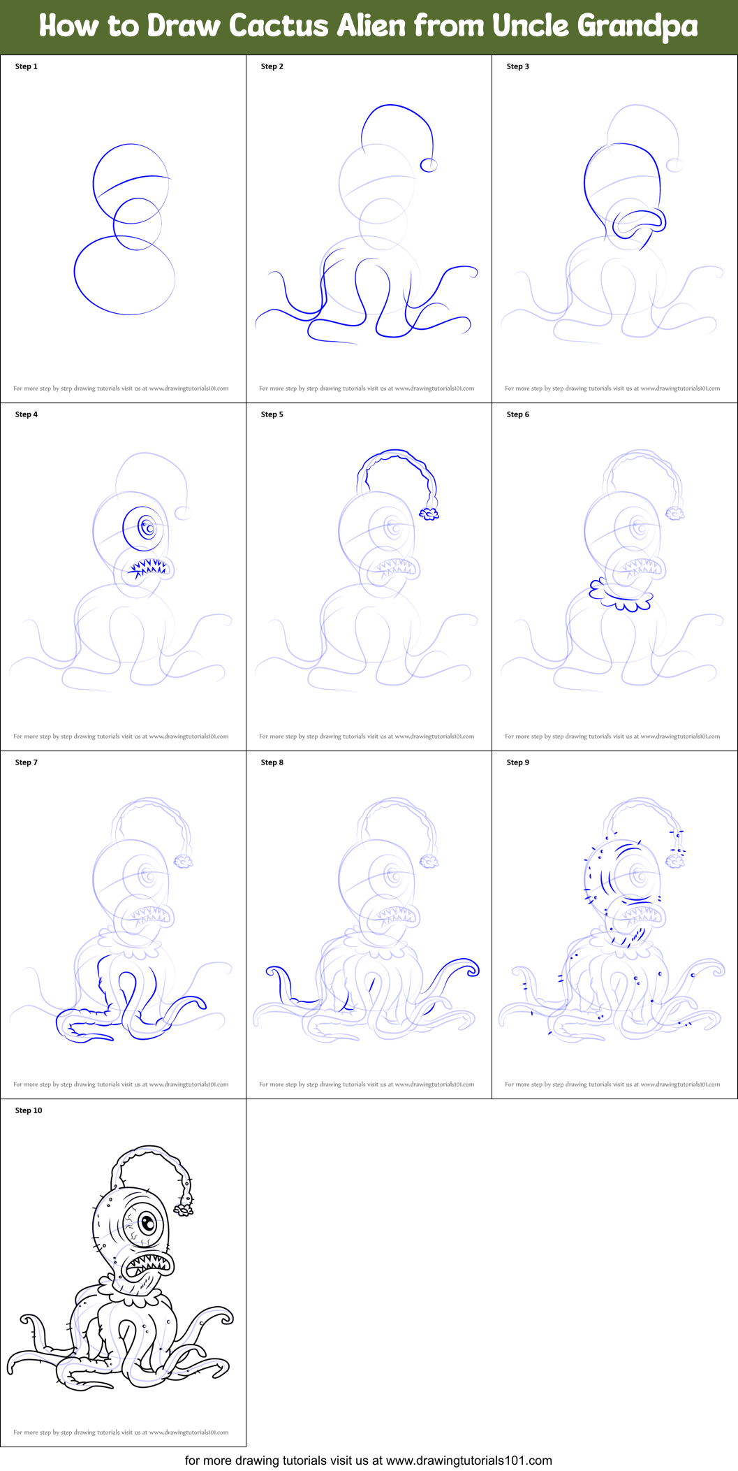 How to Draw Cactus Alien from Uncle Grandpa Printable Step by Step