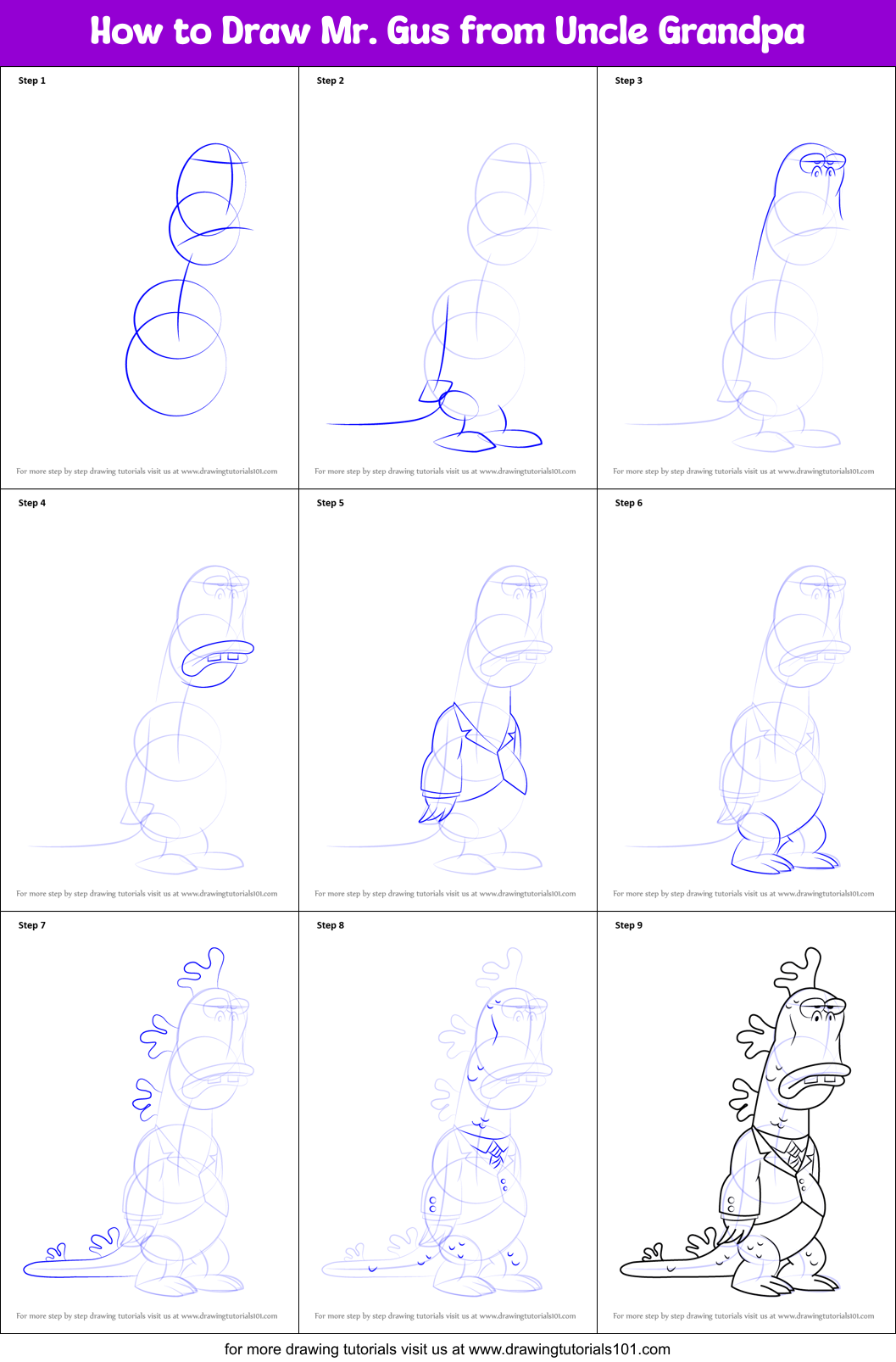 How to Draw Mr. Gus from Uncle Grandpa Printable Step by Step