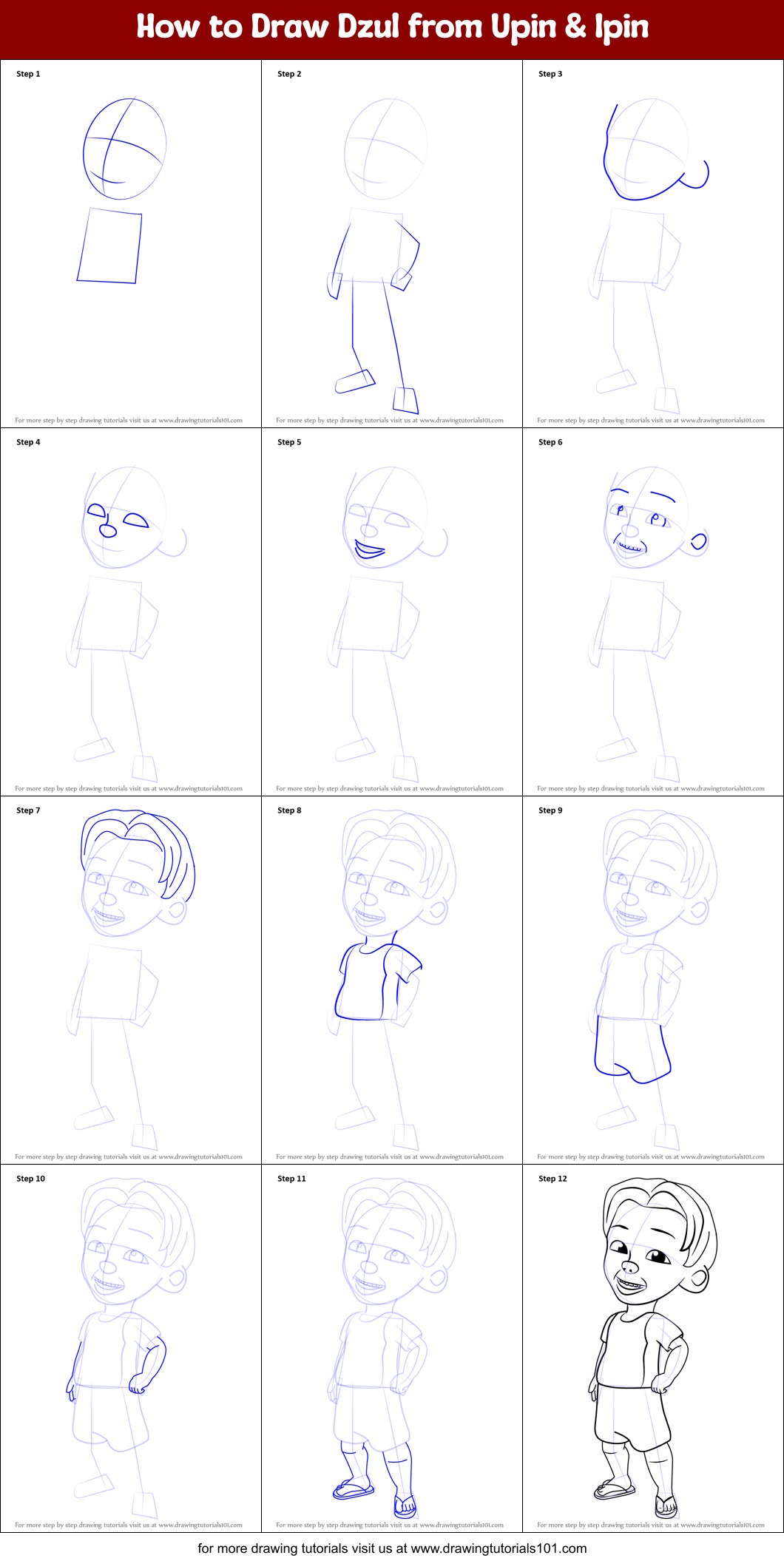 How to Draw Dzul from Upin & Ipin Printable Step by Step