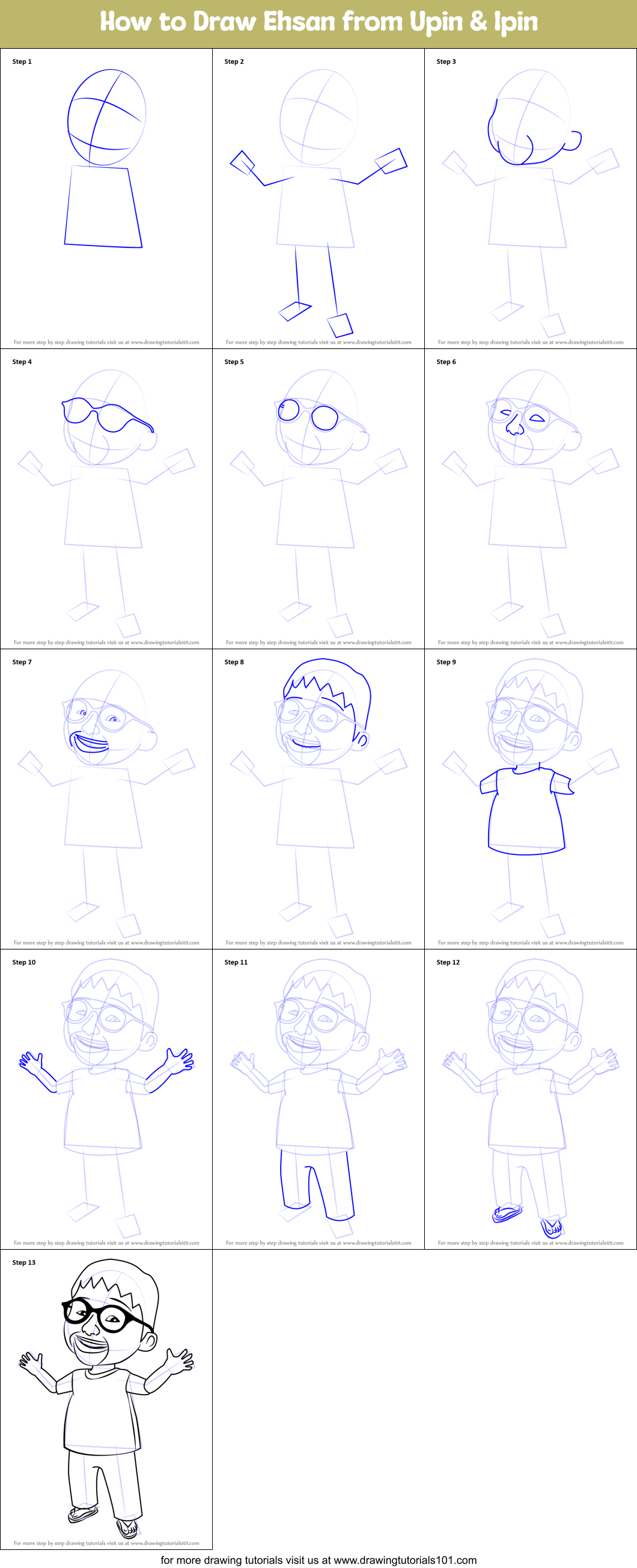 How to Draw Ehsan from Upin & Ipin Printable Step by Step