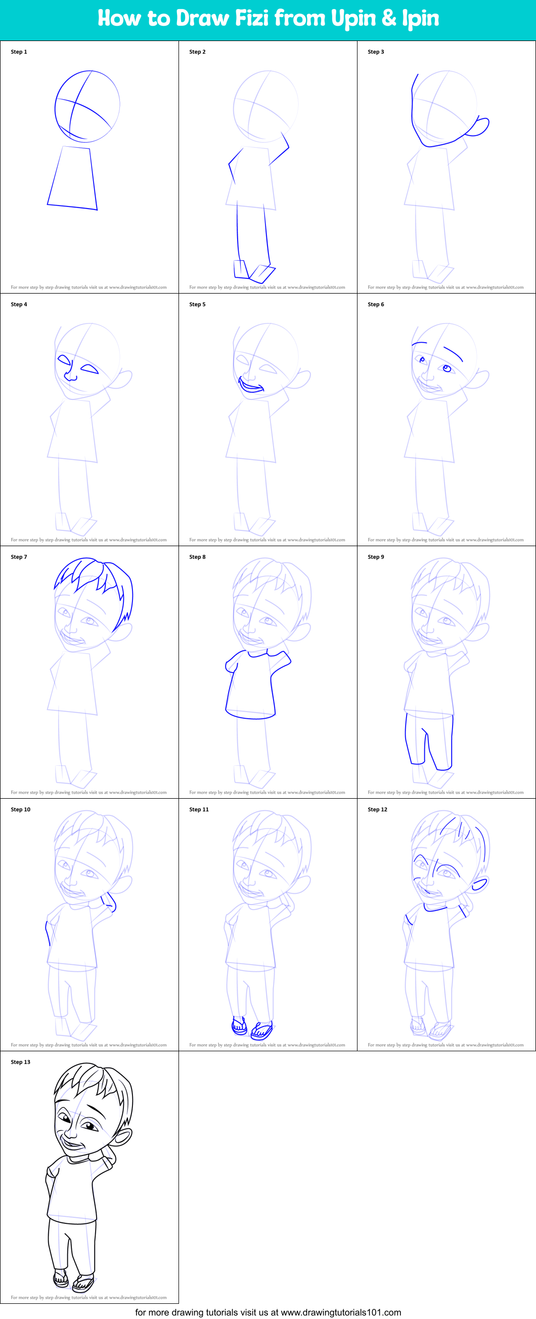 How to Draw Fizi from Upin & Ipin Printable Step by Step