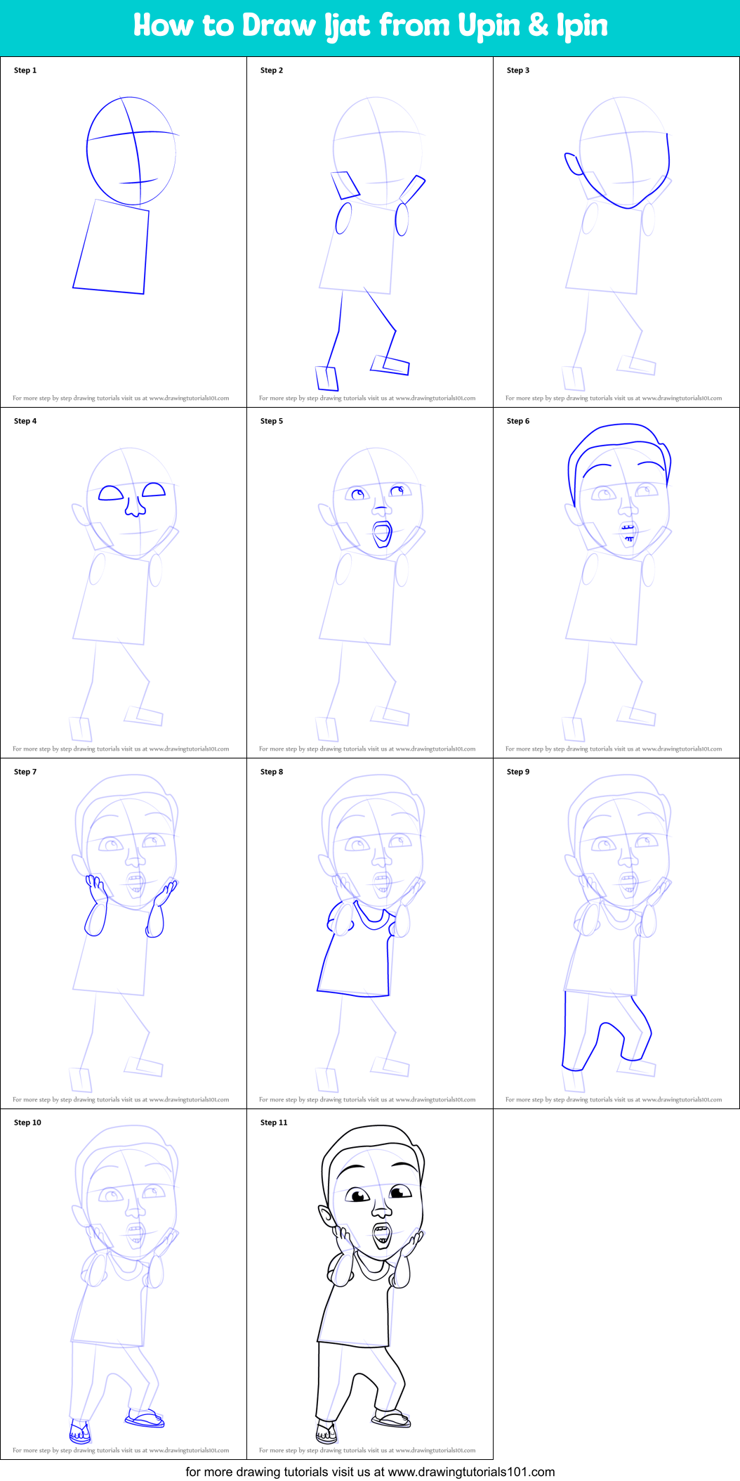 How to Draw Ijat from Upin & Ipin Printable Step by Step