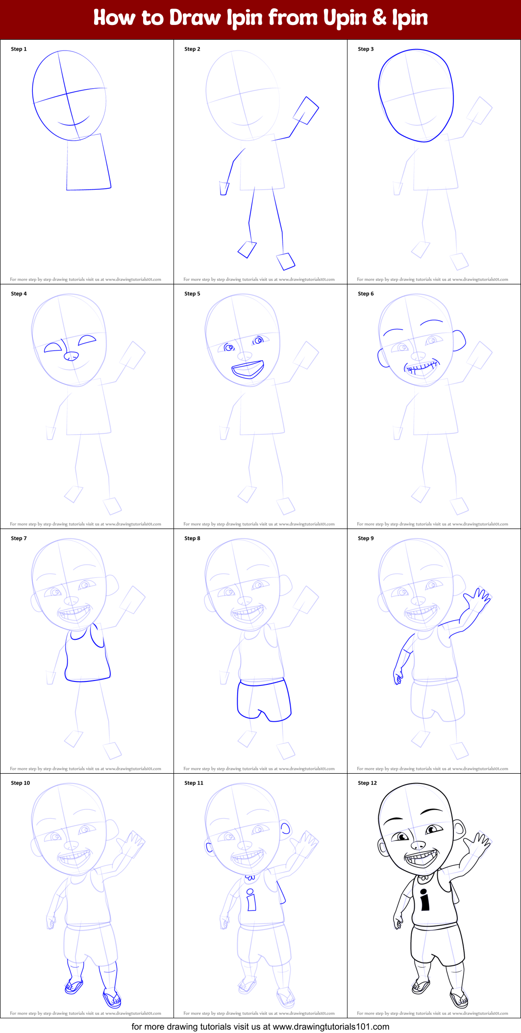 How to Draw Ipin from Upin & Ipin Printable Step by Step
