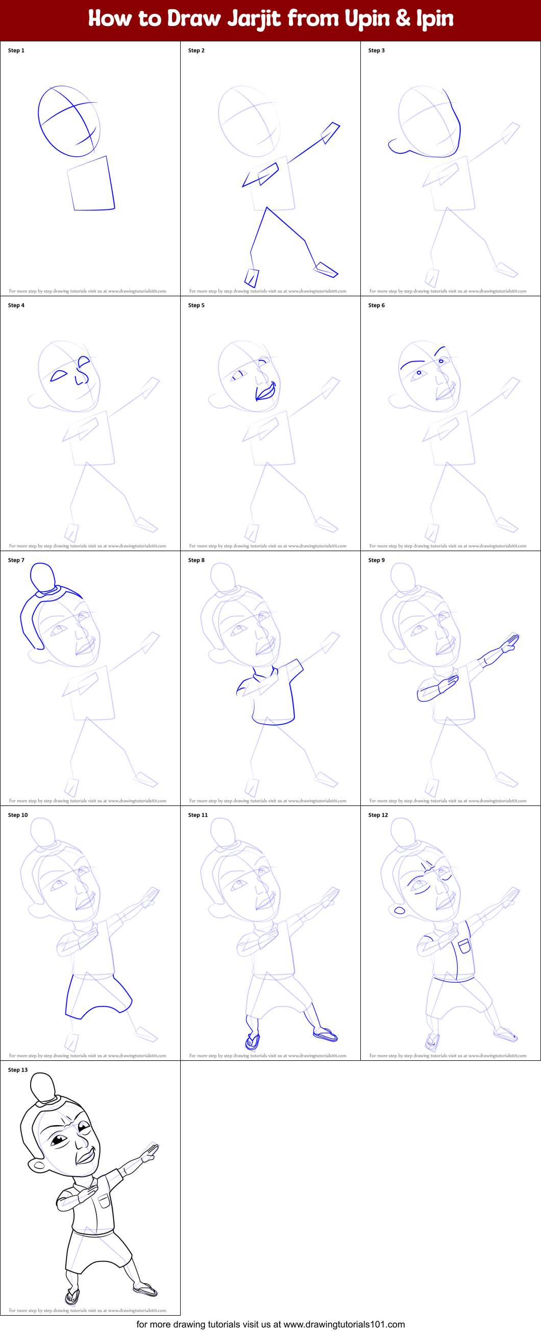 How to Draw Jarjit from Upin & Ipin Printable Step by Step