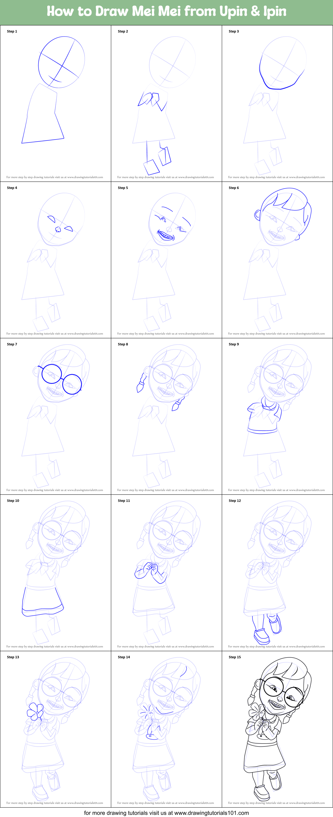 How to Draw Mei Mei from Upin & Ipin Printable Step by Step
