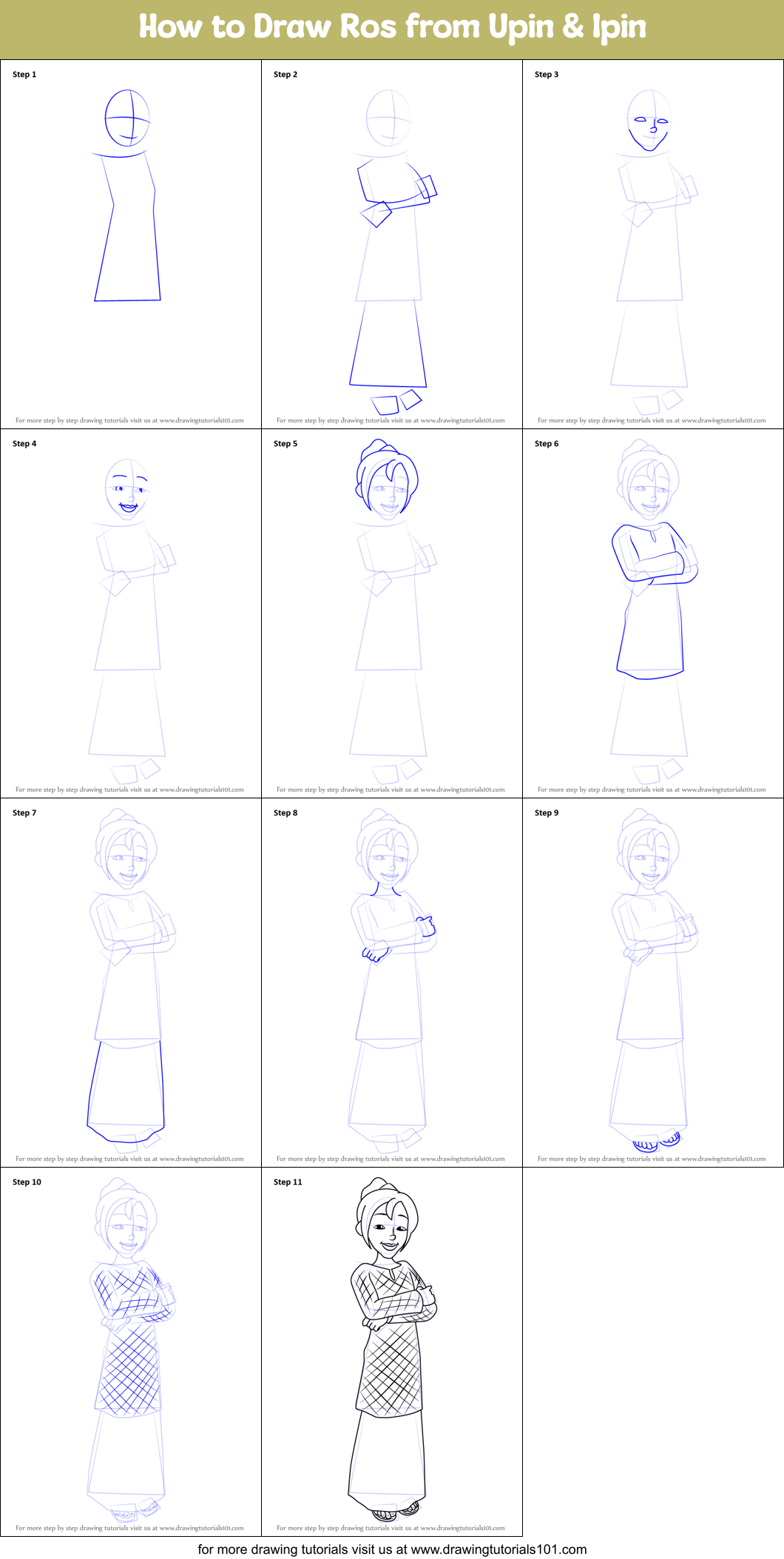 How to Draw Ros from Upin & Ipin Printable Step by Step