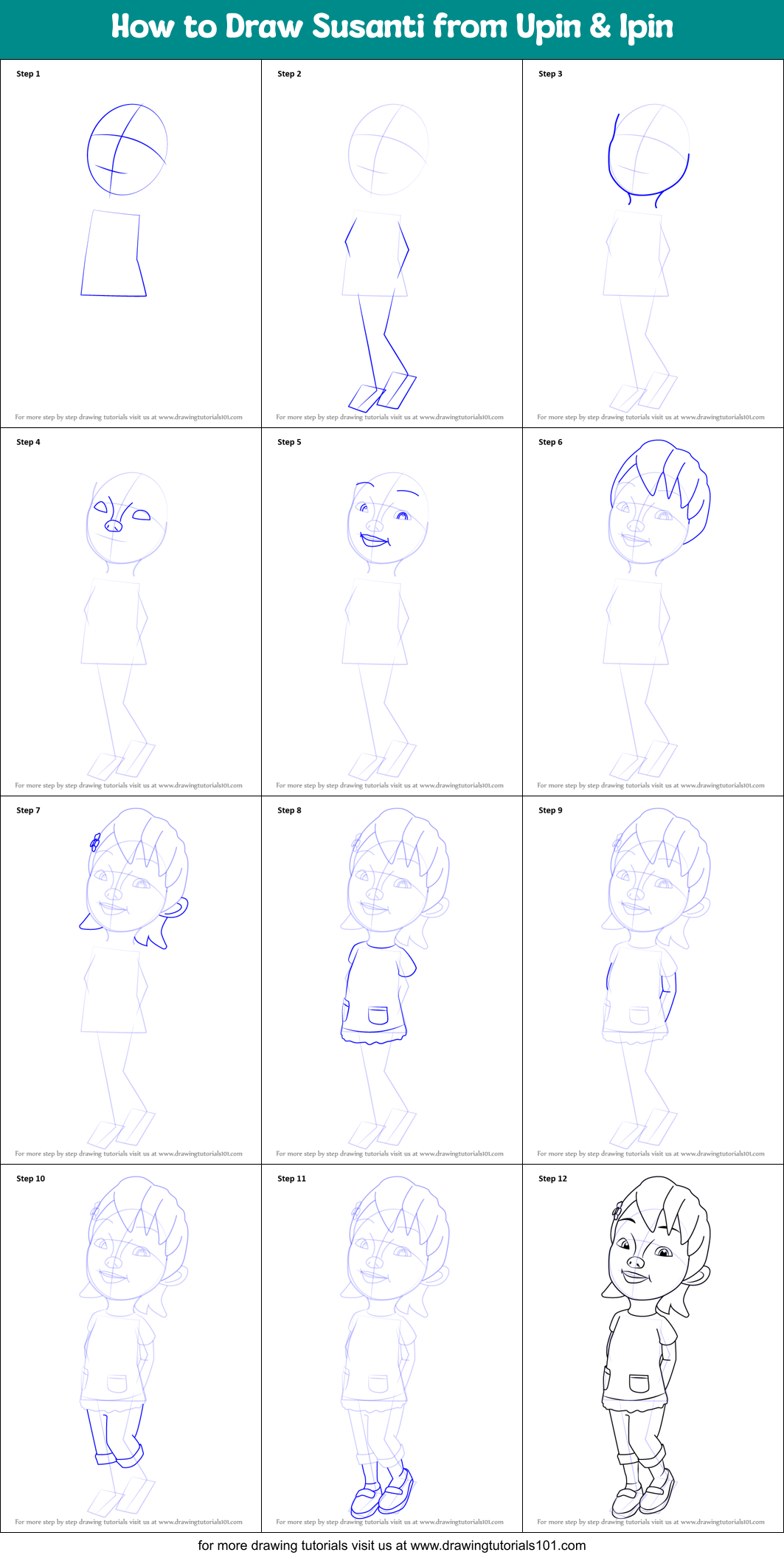 How to Draw Susanti from Upin & Ipin Printable Step by Step