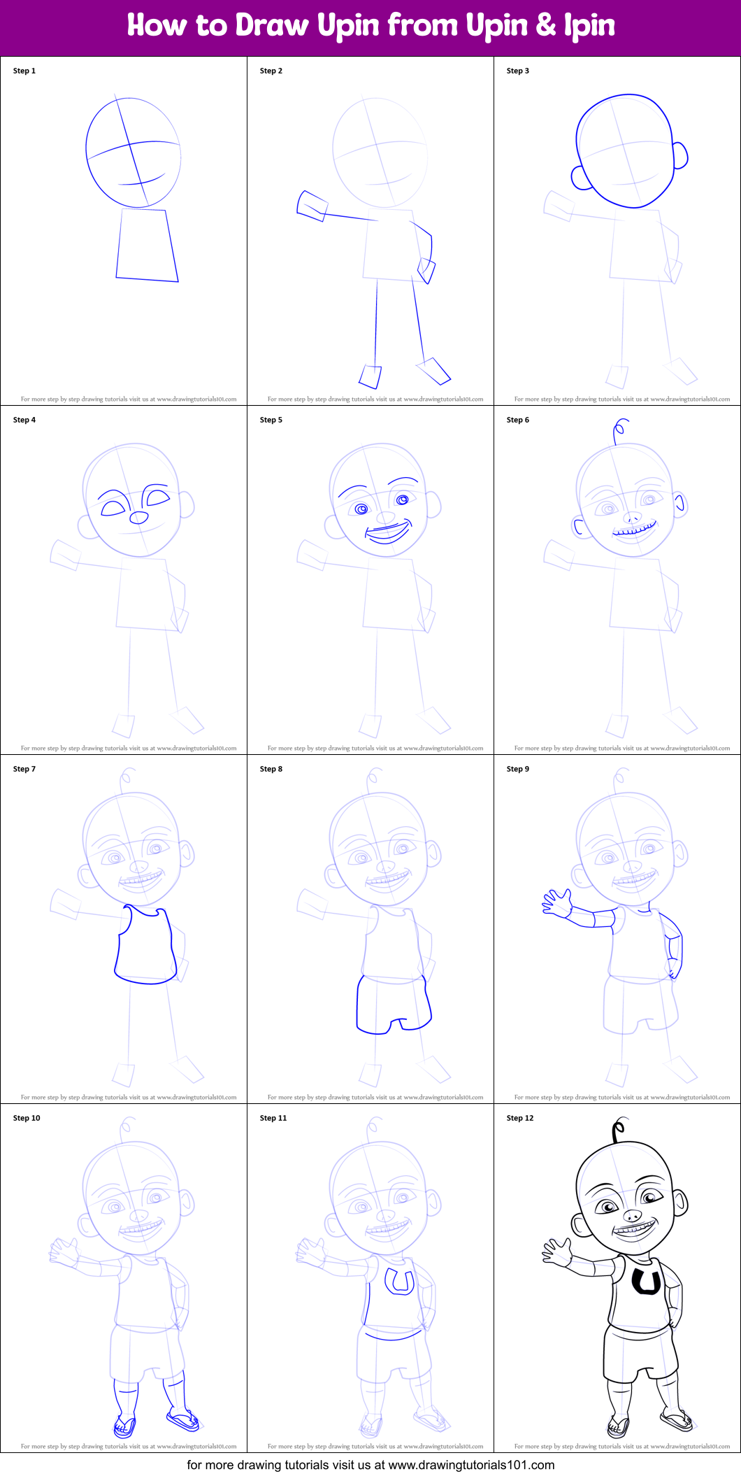 How to Draw Upin from Upin & Ipin Printable Step by Step