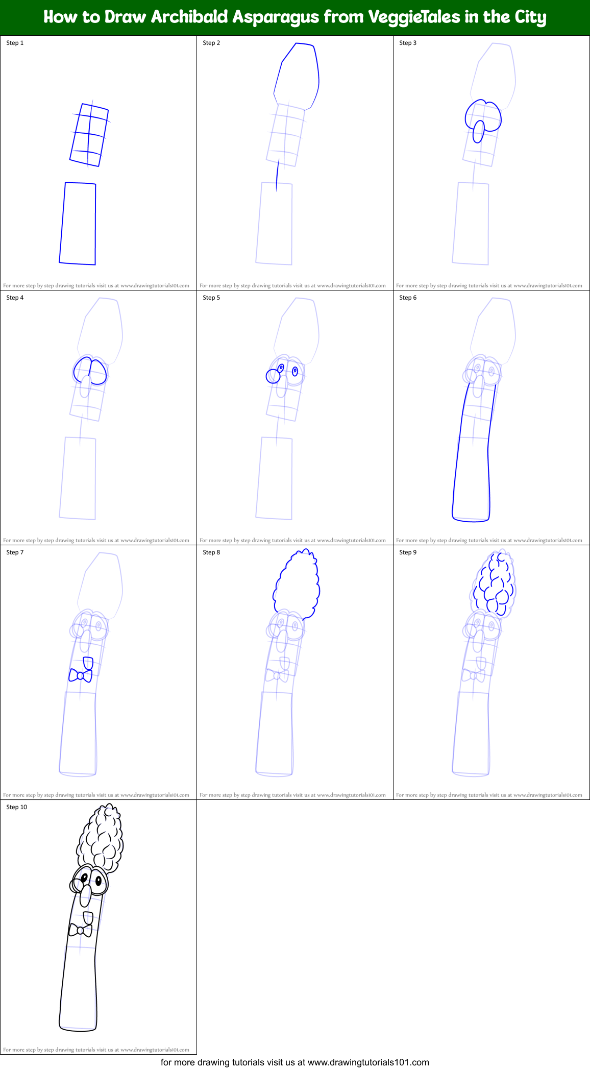 How to Draw Archibald Asparagus from VeggieTales in the City Printable Step by Step