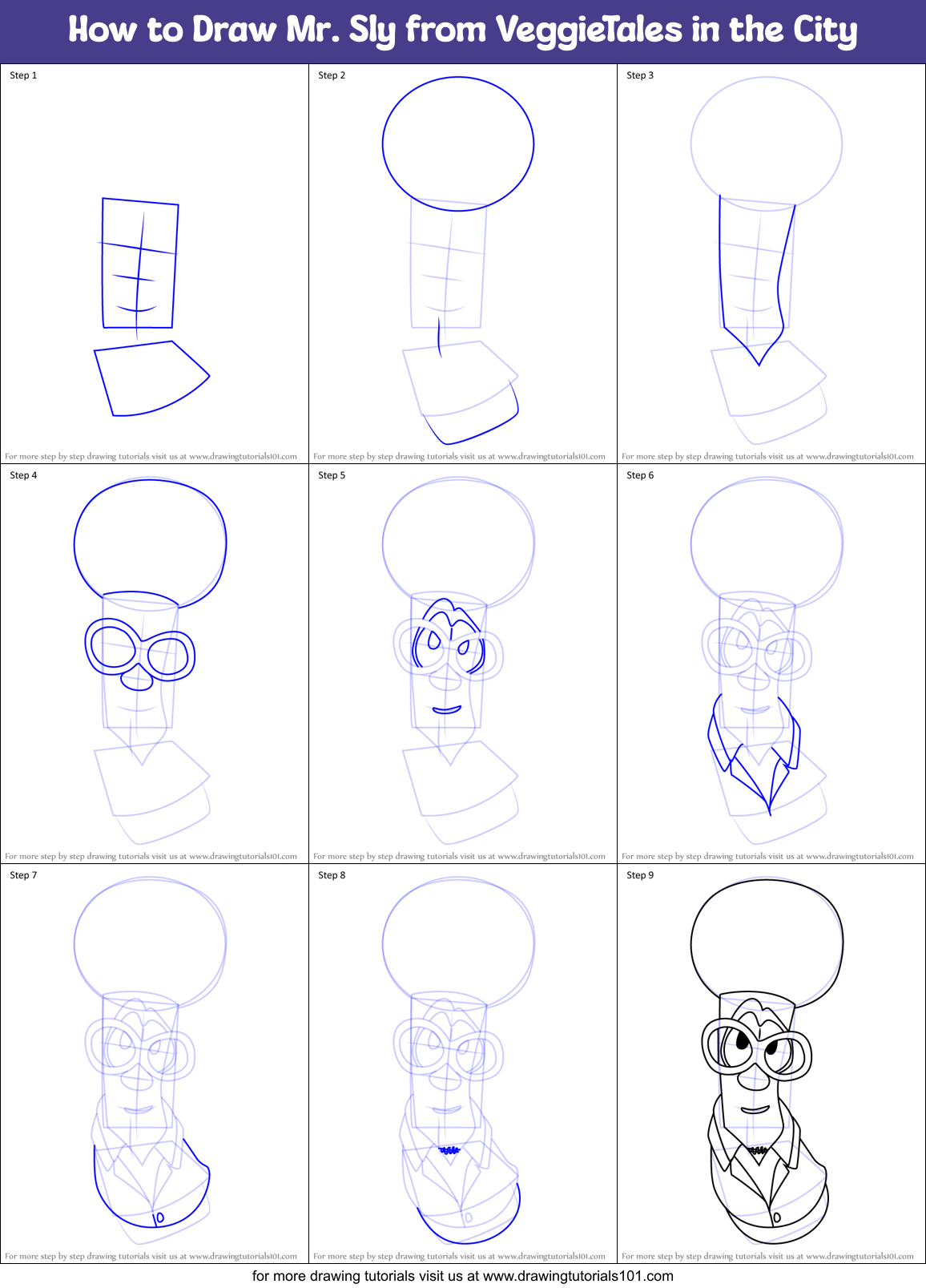 How to Draw Mr. Sly from VeggieTales in the City Printable Step by Step